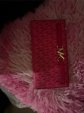 Michael Kors Hot Pink MK Logo Continental Wallet with Gold Hardware